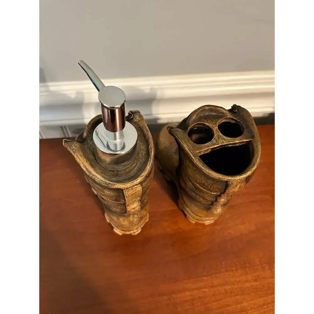 Vintage Western Cowboy Boot Soap Dispenser Toothbrush Holder Set Rustic
